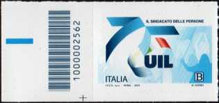 UIL - Unione Italiana Lavoratori - francobollo con codice a barre n° 2562 a  SINISTRA  in  basso