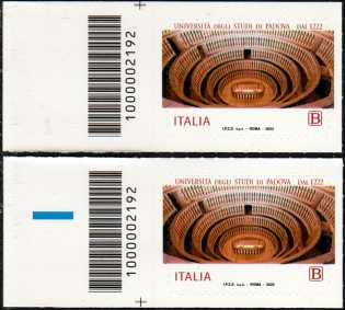 Università degli Studi di Padova - VIII° Centenario della fondazione - coppia di francobolli con codice a barre n° 2192 a SINISTRA alto-basso