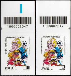 Sandra Mondaini e Raimondo Vianello - 10° Anniversario della scomparsa - coppia di francobolli con codice a barre n° 2047 in ALTO destra-sinistra