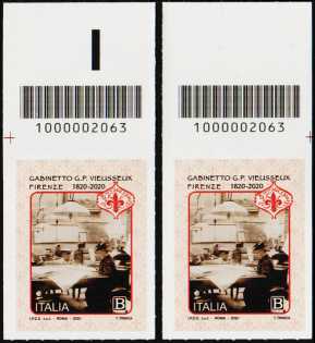 Gabinetto Scientifico Letterario G.P. Vieusseux - Firenze - Bicentenario della fondazione - coppia di francobolli con codice a barre n° 2063 in ALTO destra-sinistra