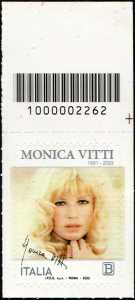 Le eccellenze italiane dello spettacolo :  Monica Vitti - francobollo con codice a barre n° 2262 in  ALTO a destra