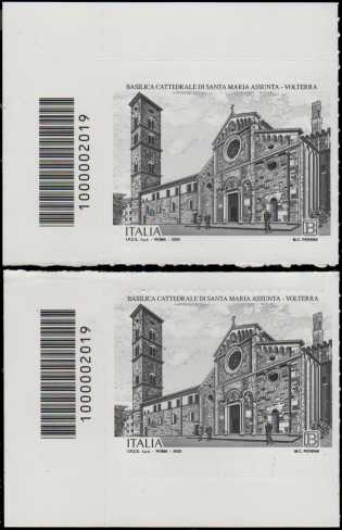 Basilica Cattedrale di Volterra - IX centenario della dedicazione a Santa Maria Assunta - coppia di francobolli con codice a barre n° 2019 a SINISTRA alto-basso