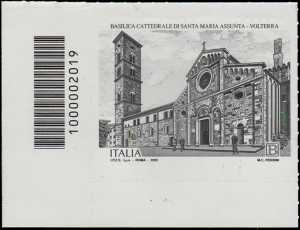 Basilica Cattedrale di Volterra - IX centenario della dedicazione a Santa Maria Assunta - francobollo con codice a barre n° 2019 a SINISTRA  in basso