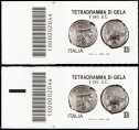 Patrimonio artistico e culturale  italiano : Tetradramma di Gela - coppia di francobolli con codice a barre n° 2044 a SINISTRA alto-basso