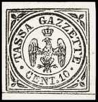 1859 - Segnatasse per giornali - Aquila coronata estense entro un doppio cerchio con dicitura «TASSA GAZZETTE CENT. 10»