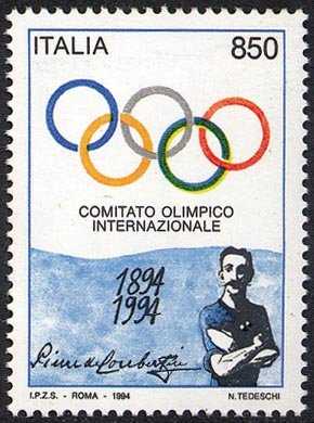 Centenario del C.I.O. - Comitato Olimpico Internazionale - anelli olimpici e P. de Coubertin