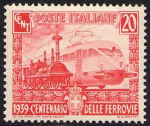 1939 - Centenario delle Ferrovie Italiane - Locomotiva moderna e locomotiva della ferrovia Napoli Portici