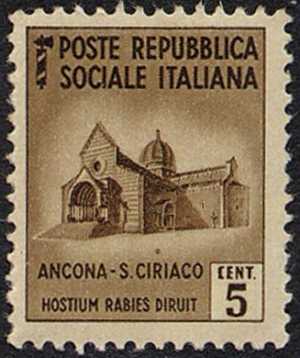 1944 / 45 - Repubblica Sociale Italiana - serie definitiva detta «Monumenti distrutti» - 2ª emissione - senza filigrana - Chiesa di San Ciriaco - Ancona