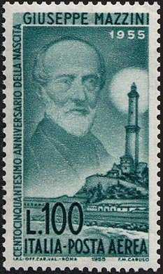 Posta aerea - 150º Anniversario della nascita di Giuseppe Mazzini - ritratto e la Lanterna di Genova