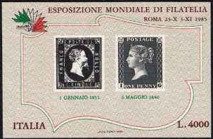 « Italia '85 » - Esposizione internazionale di filatelia - 5 cent. di Sardegna e Penny Black
