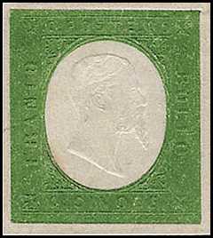 1854 - Terza emissione - Effige di Vittorio Emanuele II - dicitura a secco in rilievo - Centro bianco e fondo colorato