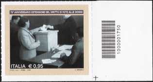 70° anniversario dell’estensione  del diritto di voto alle donne - francobollo con codice a barre n° 1750 