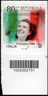 Proclamazione della Repubblica Italiana : 80° anniversario - francobollo con codice a barre n°  2731   in  BASSO  a  destra