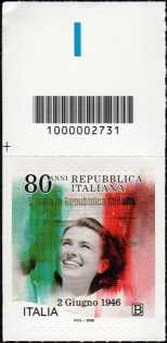 Proclamazione della Repubblica Italiana : 80° anniversario - francobollo con codice a barre n°  2731   in  ALTO  a  sinistra