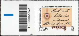 Eccellenze del sistema produttivo ed economico :  Aceto Balsamico Tradizionale di Modena - francobollo con codice a barre n°  2742   a  SINISTRA  in  basso