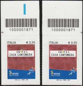 90° Anniversario della istituzione dell' ANAS - coppia di francobolli con codice a barre n°1871  IN ALTO destra-sinistra