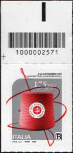 Eccellenze del sistema produttivo e del Made in Italy nel settore tessile : Fratelli Antongini & Comp.  - 175° anniversario - francobollo con codice a barre n° 2571  in  ALTO  a  s