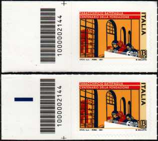 Tabacchificio di Battipaglia - Centenario della fondazione - coppia di francobolli con codice a barre n° 2144 a SINISTRA alto basso