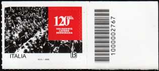 I Valori Sociali - CGIL : Confederazione Generale Italiana del Lavoro - 120° anniversario - francobollo con codice a barre n°  2767   a  DESTRA  in  alto