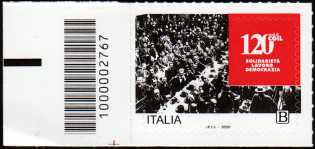 I Valori Sociali - CGIL : Confederazione Generale Italiana del Lavoro - 120° anniversario - francobollo con codice a barre n°  2767   a  SINISTRA  in  basso