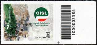 CISL - Confederazione Italiana Sindacati Lavoratori - 75° Anniversario della fondazione - francobollo con codice a barre n° 2586 a  DESTRA  in  basso