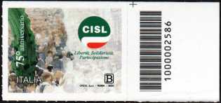 CISL - Confederazione Italiana Sindacati Lavoratori - 75° Anniversario della fondazione - francobollo con codice a barre n° 2586 a  DESTRA  in  alto