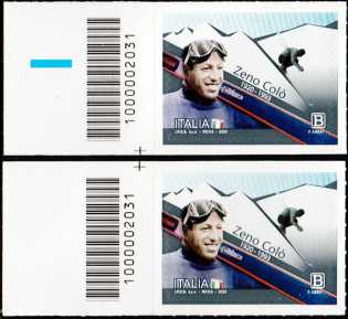 Lo Sport : Zeno Colò - Centenario della nascita - coppia di francobolli con codice a barre n° 2031 a SINISTRA alto-basso