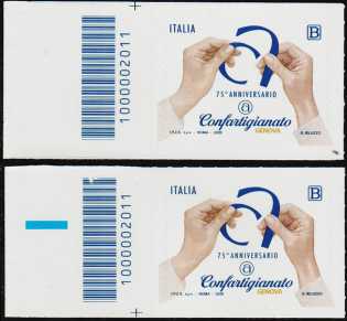 Confartigianato di Genova - 75° Anniversario della fondazione - coppia di francobolli con codice a barre n° 2011 a SINISTRA alto-basso