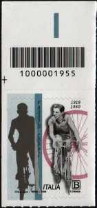 Centenario della nascita di Fausto Coppi - francobollo con codice a barre n° 1955 in ALTO a sinistra