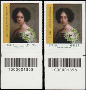 Elena Lucrezia Cornaro Piscopia - coppia di francobolli con codici a barre n° 1858 in BASSO  destra-sinistra 