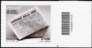 140° Anniversario della fondazione del quotidiano  «Corriere della Sera» - francobollo con codice a barre n° 1723 