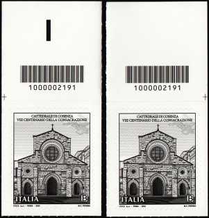 Cattedrale di Santa Maria Assunta di Cosenza - VIII Centenario della consacrazione - coppia di francobolli con codice a barre n° 2191 IN  ALTO  destra-sinistra