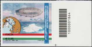 90° Anniversario della spedizione del dirigibile "Italia" al Polo Nord - francobollo con codice a barre n° 1864 a DESTRA in basso