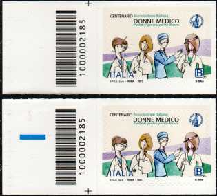 A.I.D.M. - Associazione Italiana Donne Medico - Centenario della fondazione - coppia di francobolli con codice a barre n° 2185 a SINISTRA alto basso