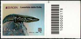 Europa 2021 -  Lucertola delle Eolie - francobollo con codice a barre n° 2178 a DESTRA in alto