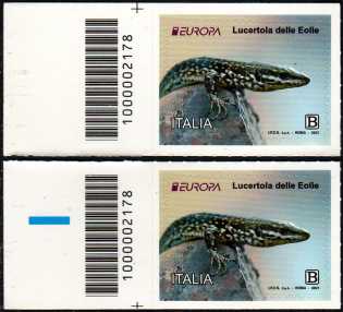Europa 2021 -  Lucertola delle Eolie - coppia di francobolli con codice a barre n° 2178 a SINISTRA alto basso