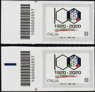 F.I.S.I. - Federazione Italiana Sport Invernali - Centenario della fondazione - coppia di francobolli con codice a barre n° 2057 a SINISTRA alto-basso