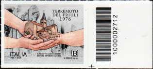 Terremoto del Friuli - 50° anniversario - francobollo con codice a barre n° 2712   a  DESTRA  in  basso