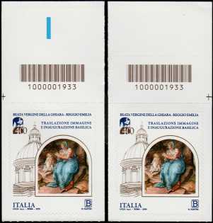 Immagine della Beata Vergine della Ghiara - IV Centenario della traslazione e dell’inaugurazione della Basilica -coppia con codici a barre n° 1933 in ALTO destra-sinistra