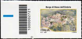 Patrimonio naturale e paesaggistico : Borgo di Giano dell’Umbria - francobollo con codice a barre n° 2721   a  SINISTRA  in  basso