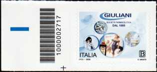 Eccellenze del sistema produttivo e del Made in Italy - settore farmaceutico : Società farmaceutica Giuliani - francobollo con codice a barre n° 2717   a  SINISTRA  in  basso