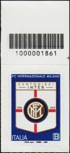 Football Club Internazionale Milano - 110° Anniversario della fondazione - francobollo con codice a barre n°1861 in ALTO a destra