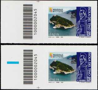 Patrimonio naturale e paesaggistico - Isola del Tino - coppia di francobolli con codice a barre n° 2045 a SINISTRA alto-basso