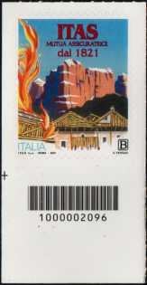 ITAS Mutua assicuratrice - Bicentenario della fondazione - francobollo con codice a barre n° 2096 in BASSO a sinistra