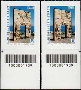 Lampedusa, porta d'Europa - coppia di francobolli con codice a barre n° 1909 in BASSO a destra-sinistra