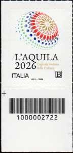L’Aquila Capitale italiana della Cultura 2026 - francobollo con codice a barre n°  2722   in  BASSO  a  sinistra