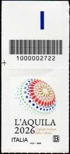 L’Aquila Capitale italiana della Cultura 2026 - francobollo con codice a barre n°  2722   in  ALTO  a  sinistra