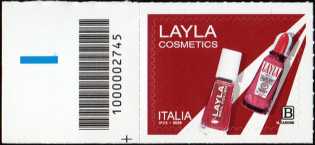 Eccellenze del sistema produttivo ed economico :  Layla Cosmetici - francobollo con codice a barre n°  2745   a  SINISTRA  in  basso