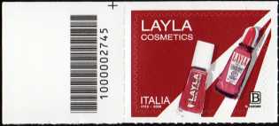 Eccellenze del sistema produttivo ed economico :  Layla Cosmetici - francobollo con codice a barre n°  2745   a  SINISTRA  in  alto