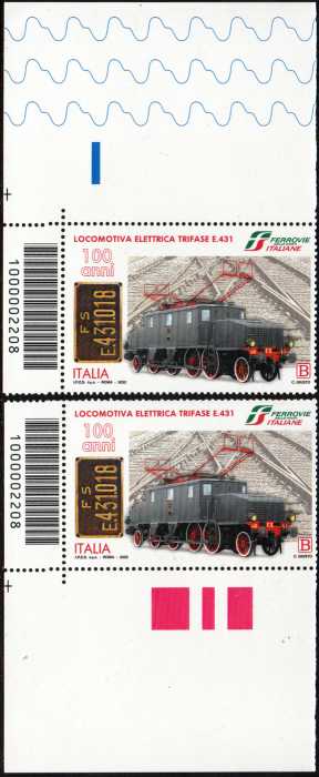 Locomotiva elettrica trifase E.431 - Centenario della costruzione - coppia di francobolli con codice a barre n° 2208 in SINISTRA alto-basso